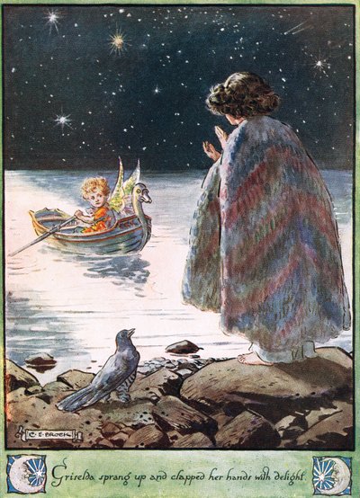 グリセルダは跳ね上がり、喜びをもって彼女の手をたたきました。 作： Charles Edmund Brock